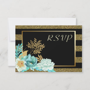 Sparkle Stripe Gold Mint Floral Wedding RSVP Card