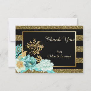 Sparkle Stripe Gold Mint Floral Wedding Thank You Card