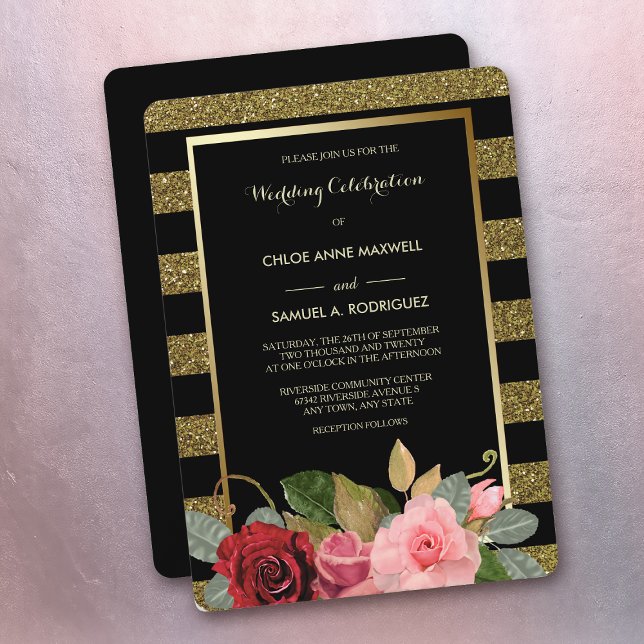 Sparkle Stripe Pink Red Roses Wedding Invitation (Creator Uploaded)