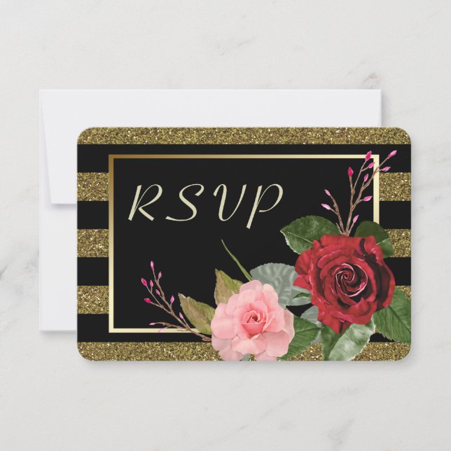 Sparkle Stripe Pink Red Roses Wedding RSVP (Front)