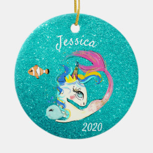 Sparkle Teal Mermaid Unicorn Personalised glitter Ceramic Ornament