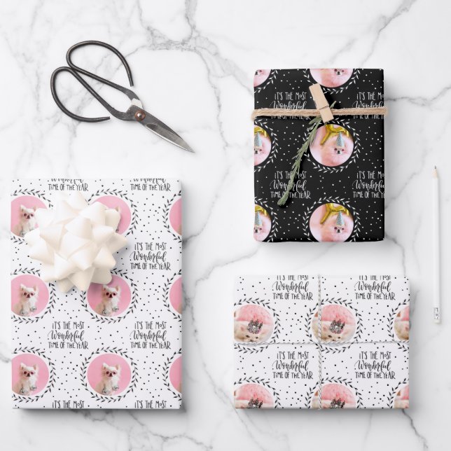 Sparkle The Tiny Chi | Custom 2 Photo Pet Dog Wrapping Paper Sheet (Front)