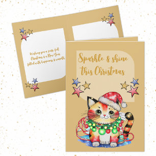 Sparkle this Christmas cute cat stars gold Holiday Card