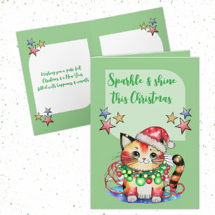 Sparkle this Christmas cute cat stars green Holiday Card