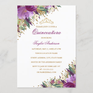 Sparkle Tiara Amethyst Purple Floral Quinceanera Invitation