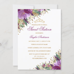 Sparkle Tiara Amethyst Purple Floral Sweet Sixteen Invitation