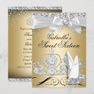 Sparkle Tiara Heels Gold Sweet 16 Invitation