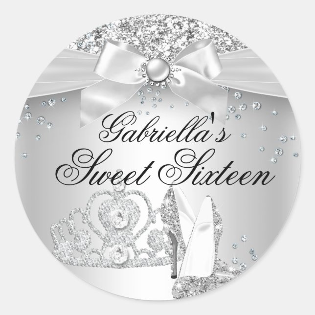Sparkle Tiara & Heels Silver Sweet 16 Sticker (Front)