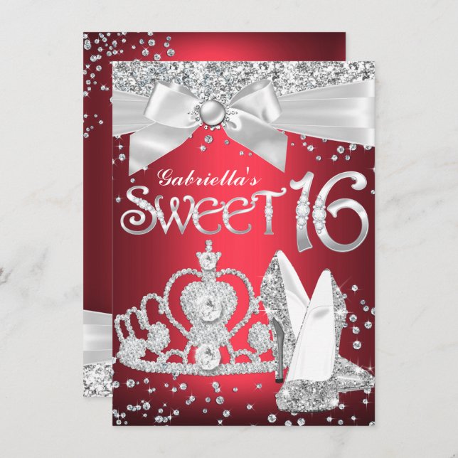 Sparkle Tiara Heels Sweet 16 Invite Red (Front/Back)