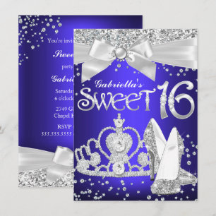 Sparkle Tiara & Heels Sweet 16 Royal Blue purple Invitation
