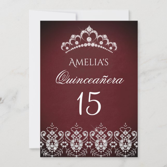 Sparkle Tiara Silver Burgundy Quinceanera Invitation (Front)
