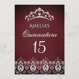 Sparkle Tiara Silver Burgundy Quinceanera Invitation