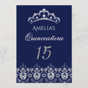 Sparkle Tiara Silver Navy Quinceanera Invitation