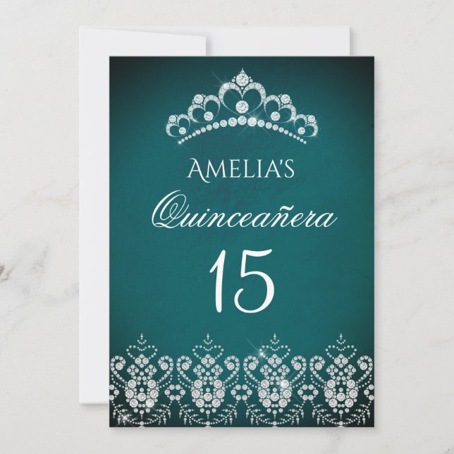 Sparkle Tiara Silver Teal Quinceanera Invitation (Front)
