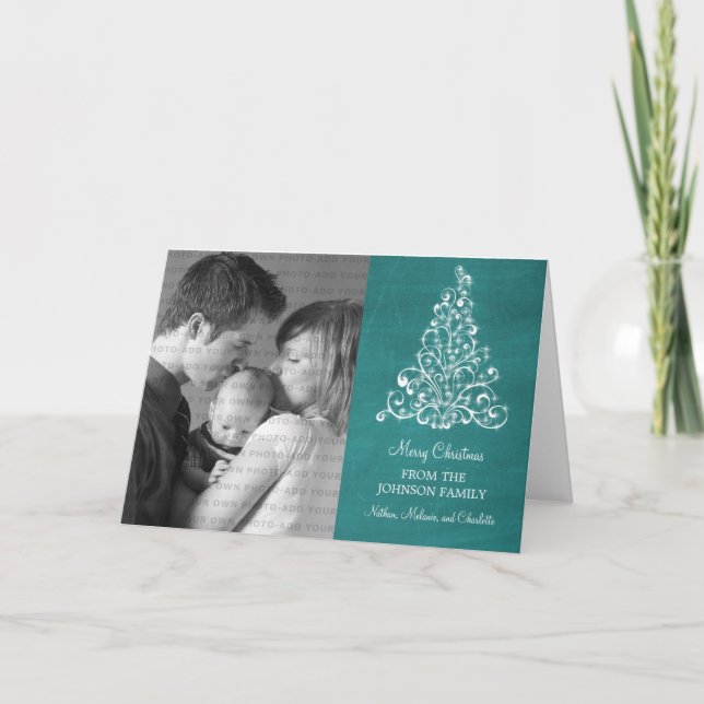 Sparkle Tree Chalkboard Holiday Card, Teal Card (Front)