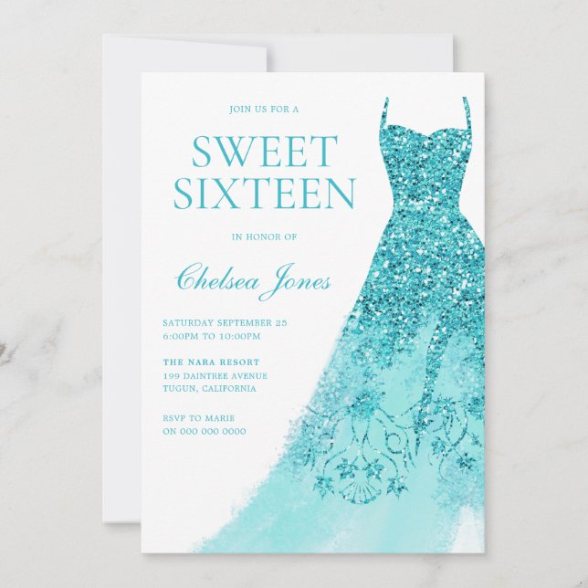 Sparkle Turquoise Dress Sweet 16 Party Invitation (Front)