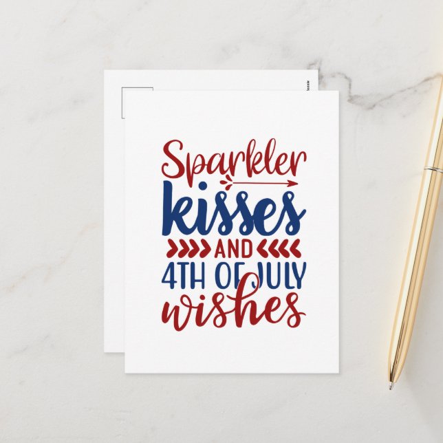 Sparkler kisses July Fourth wishes word art Holiday Postcard (Front/Back In Situ)