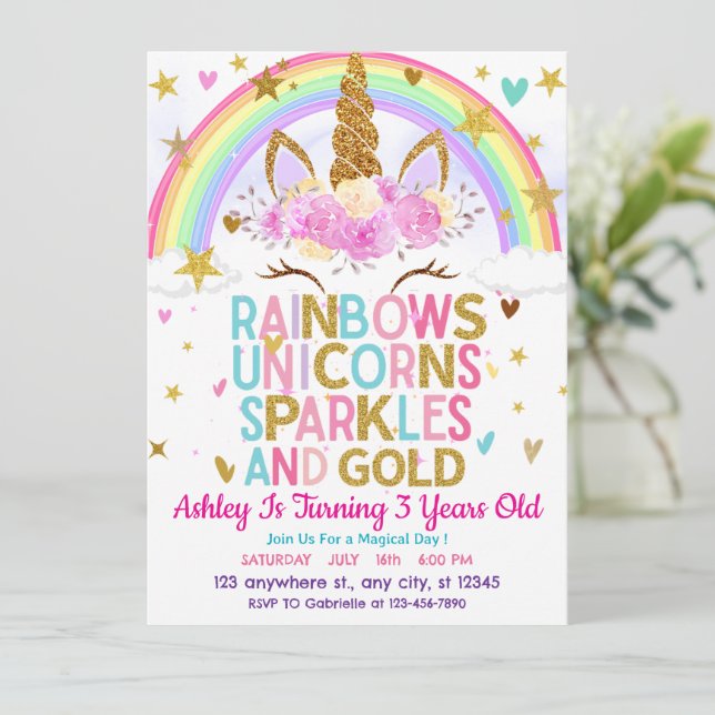 Sparkles and Gold Unicorn Rainbow Birthday Invitation (Standing Front)