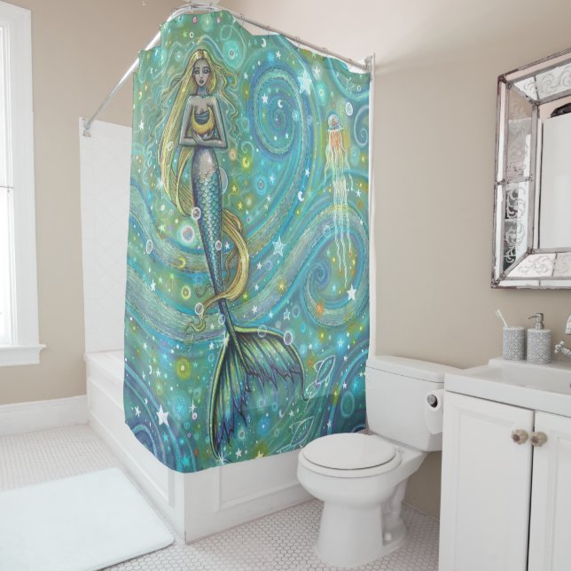 Sparkles Cute Mermaid and Jellyfish Art Shower Curtain (In Situ)
