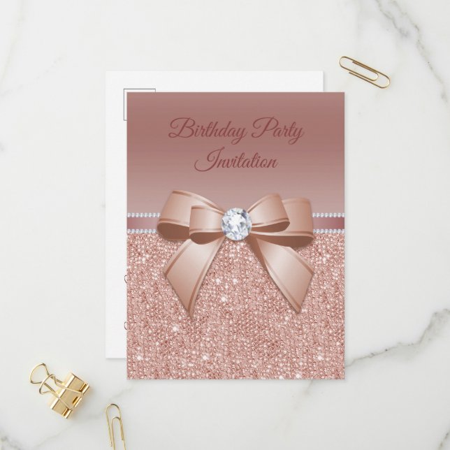 Sparkles & Glamour, Rose Gold Birthday Party Invitation Postcard (Front/Back In Situ)