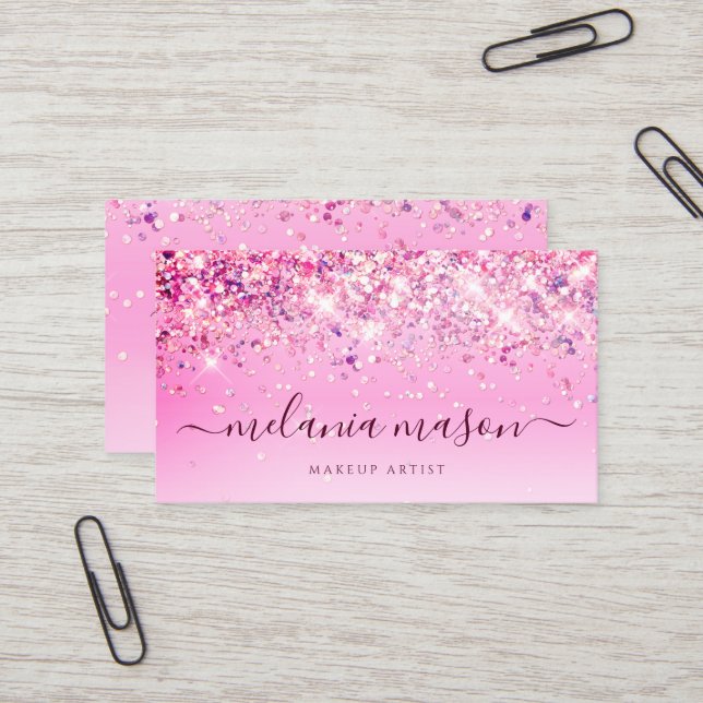 Sparkles Holographic Purple Glitter Makeup Artist Business Card (Front/Back In Situ)