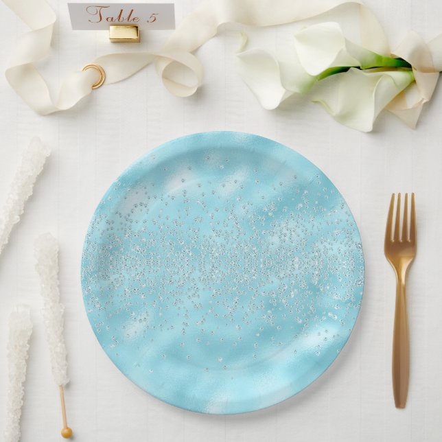  Sparkles Jewels Bling Crystals Chic Pastel Blue Paper Plate (Wedding)
