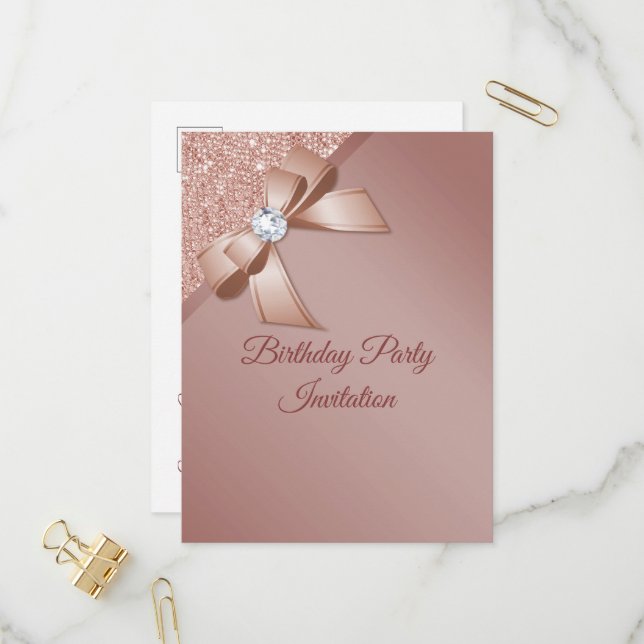 Sparkles & Rose Gold Glamour Birthday Party Invitation Postcard (Front/Back In Situ)