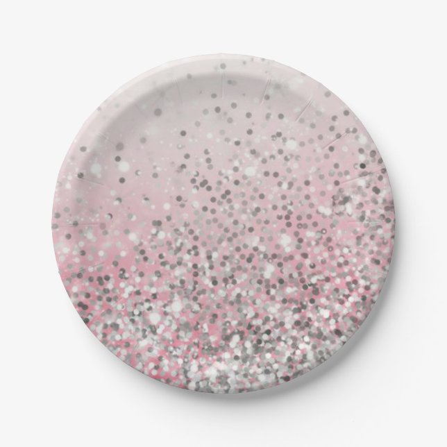 Sparkles silver and pink girly party paper plate (Front)