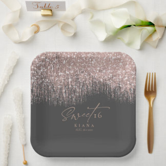 Sparkles Sweet Sixteen Rose Gold/Black ID912 Paper Plate