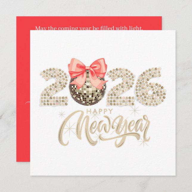 Sparkling 2026 New Year’s Card with Disco Ball Bow (Front/Back)