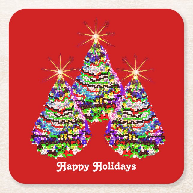 Sparkling Abstract Christmas Trees Design on Red Square Paper Coaster (Front)