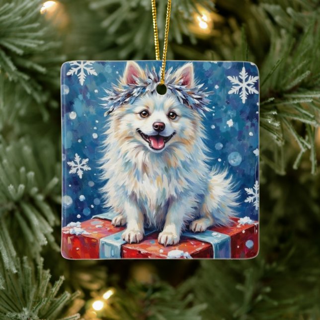 Sparkling American Eskimo Dog Festive Gift Cushion Ceramic Ornament (Tree)