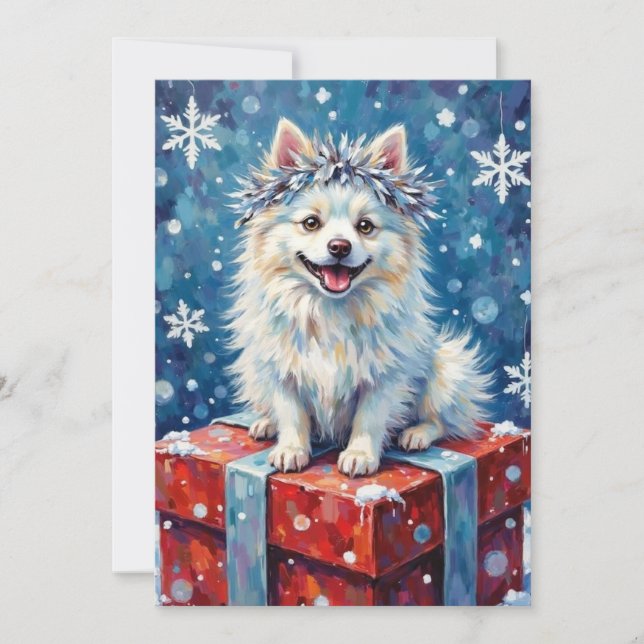 Sparkling American Eskimo Dog Festive Gift Cushion Holiday Card (Front)