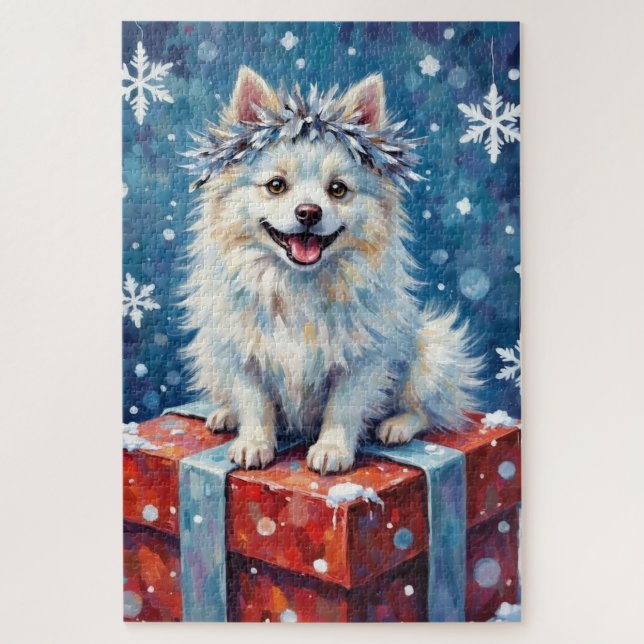Sparkling American Eskimo Dog Festive Gift Cushion Jigsaw Puzzle (Vertical)