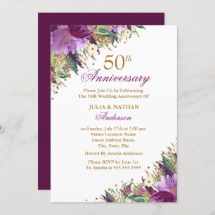 Sparkling Amethyst Purple Floral 50th Anniversary Invitation