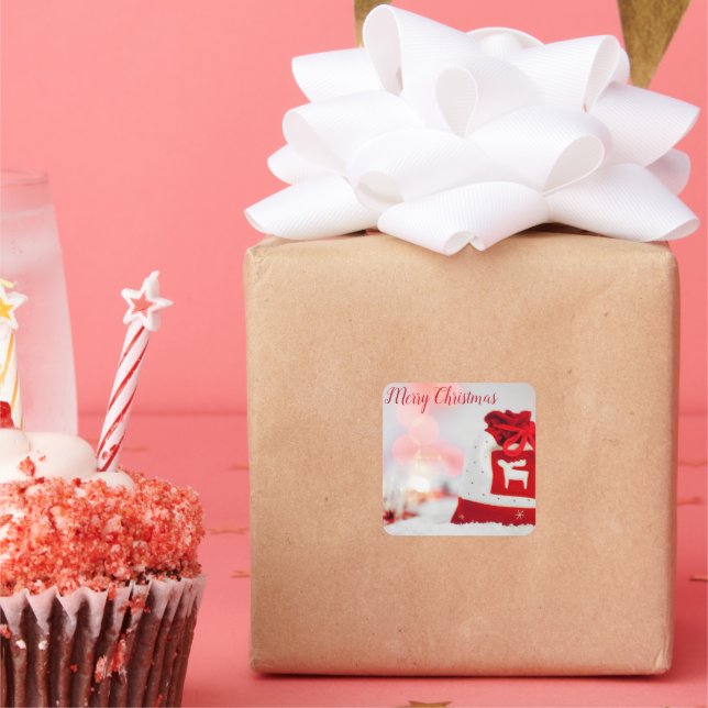 Sparkling Background with a Beautiful Red Bow Square Sticker (Party)