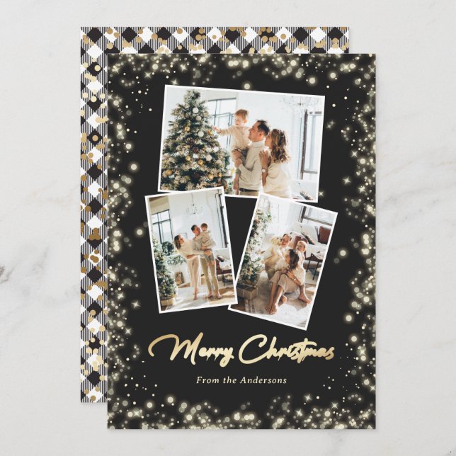 Sparkling Black and White Photo Christmas Card (Front/Back)