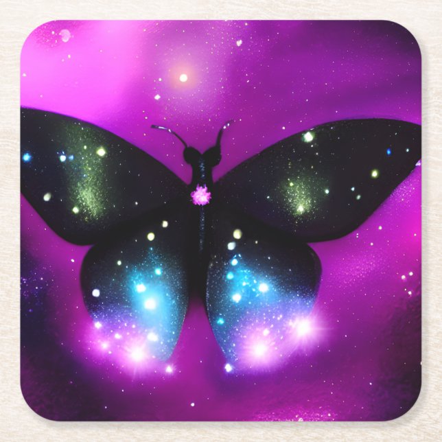 Sparkling Black Butterfly Square Paper Coaster (Front)