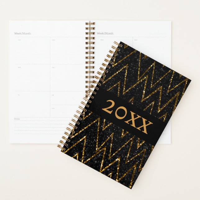 Sparkling Black Gold Chevron New Year Planner (Display)