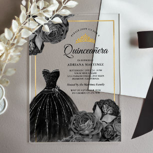 Sparkling Black Gown Grey Roses Gold Quinceanera Acrylic Invitations