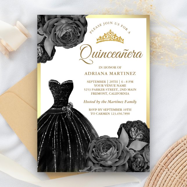 Sparkling Black Gown Grey Roses Gold Quinceanera Invitation (Creator Uploaded)