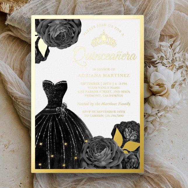 Sparkling Black Gown Grey Roses Quinceanera Gold (Creator Uploaded)