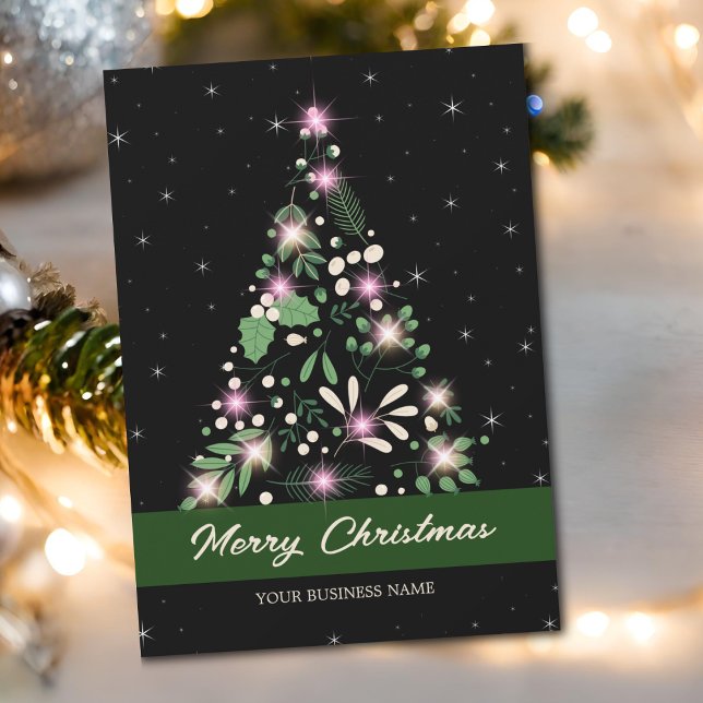 Sparkling Black Green Christmas Tree Corporate  Holiday Card (Creator Uploaded)