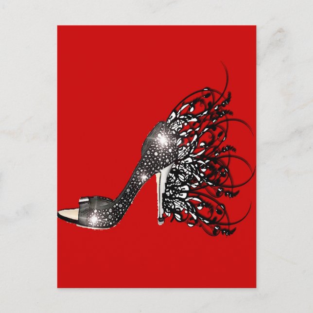 Sparkling Black Stiletto on Red Postcard (Front)