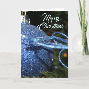 Sparkling Blue Bauble on Pine Branch with Lights Holiday Card