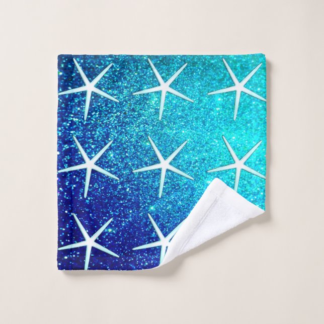 Sparkling Blue Glitter Ombre Teal Starfish Pattern Wash Cloth (Wash Cloth)