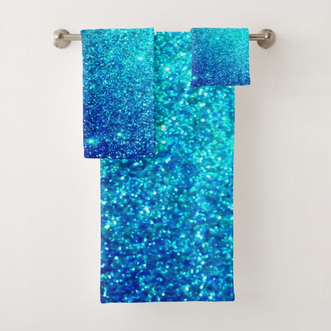 Sparkling Blue Glittery Ombre Teal Colourful Cute Bath Towel Set (Insitu)