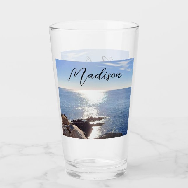Sparkling Blue Ocean Custom Name Glass (Front)