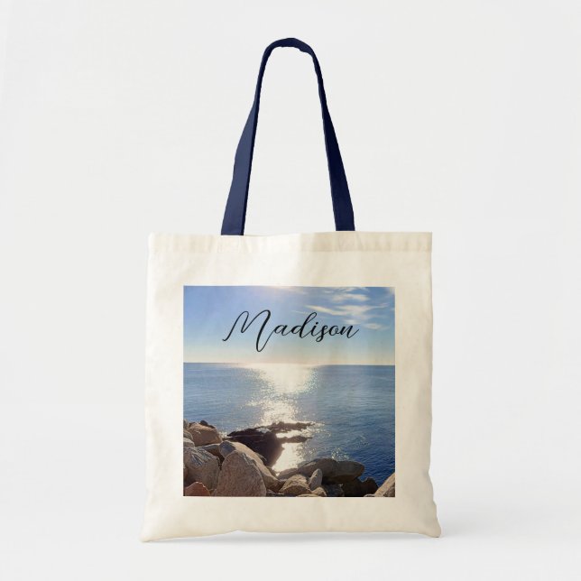 Sparkling Blue Ocean Custom Name Tote Bag (Front)