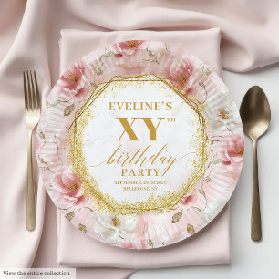 Sparkling Blush Floral Gold Birthday Paper Plates